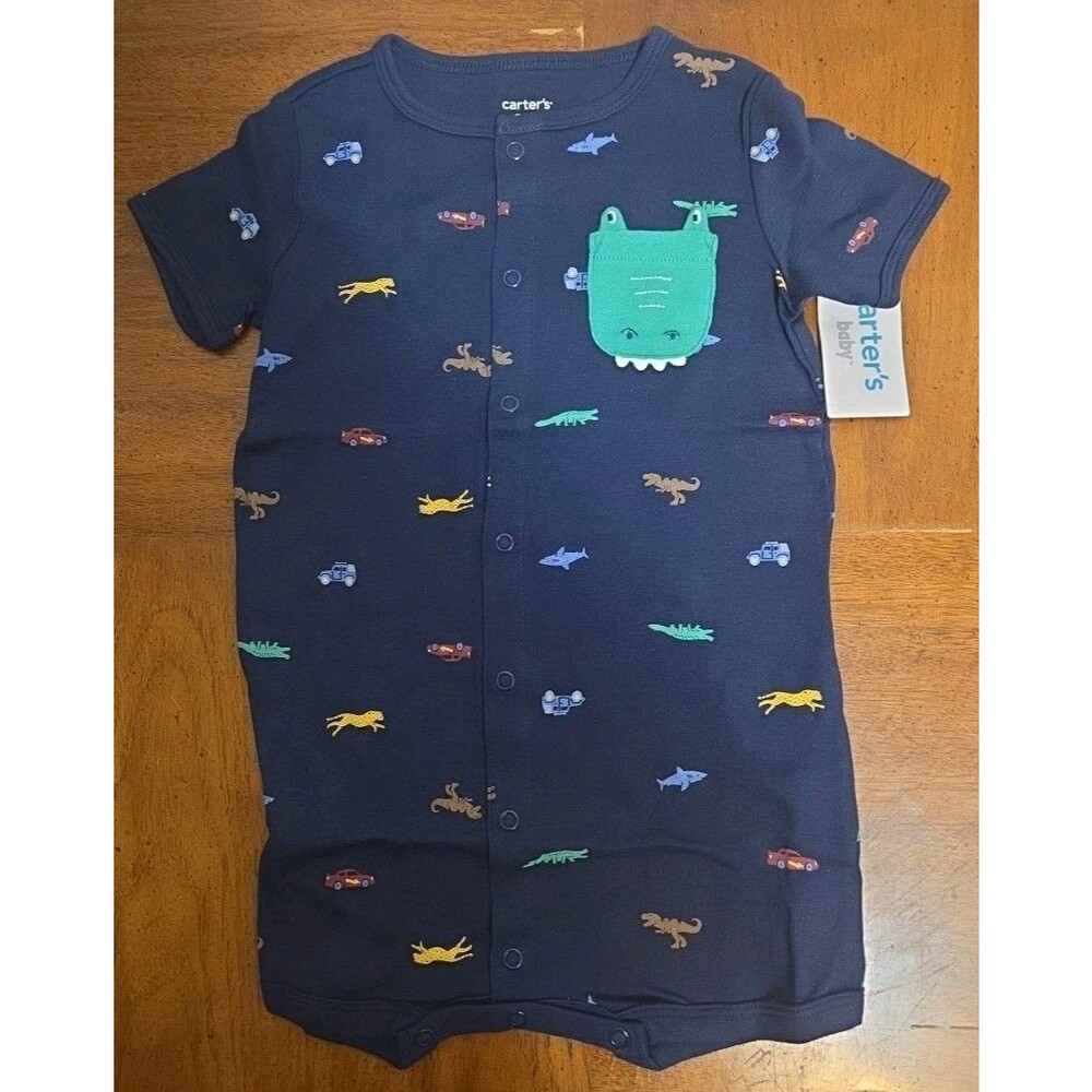 Carter's Boys 24 Month 1 piece Romper Outfit Alligator Dinosaurs Navy Blue Snaps